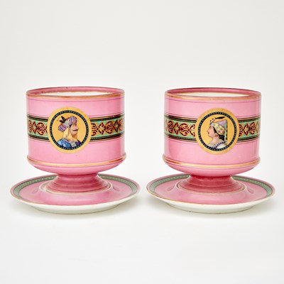 Lot 98 - Pair of Continental Pink Painted Porcelain Cachepots and Underplates