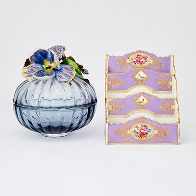 Lot 21 - Jay Strongwater Enamel and Glass Orb-Form Box with a Continental porcelain stationery holder