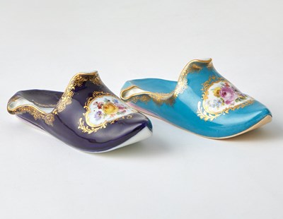 Lot 95 - Two Similar Meissen Gilt and Floral Decorated Porcelain Slippers