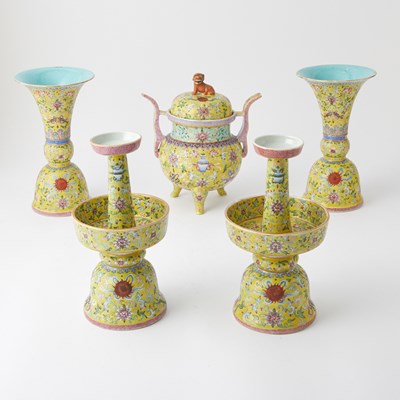 Lot 126 - Chinese Enameled Porcelain Altar Garniture