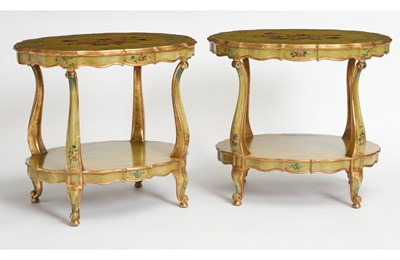 Lot 61 - Pair of Venetian Rococo Style Painted and Parcel-gilt Oval Two-Tier Tables