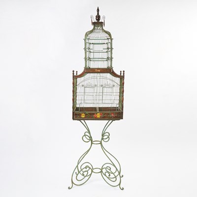 Lot 60 - Painted Wirework Birdcage on Wrought Iron Stand