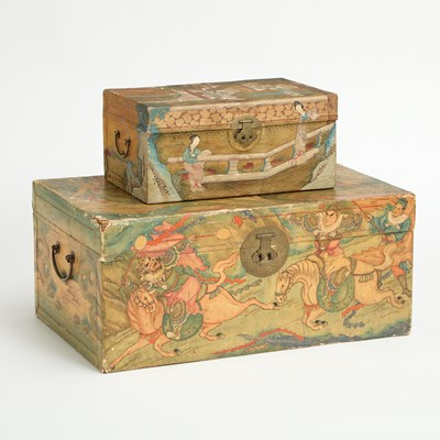 Lot 128 - Two Vintage Chinese Hand Painted Pigskin Trunks