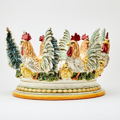 Lot 24 - Oval Rooster Polychrome Glazed Terracotta Centerpiece