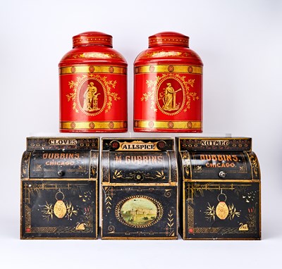 Lot 217 - Pair of Red Tole Tea Canisters and Three Cylinder Roll Top Spice Canisters