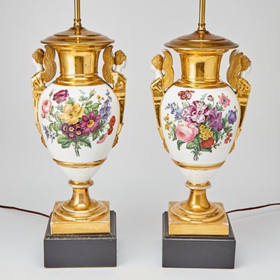 Lot 93 - Pair of Empire Style Gilt and Polychrome Decorated Porcelain Floral Lamps