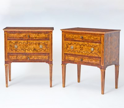 Lot 55 - Pair of Italian Neoclassic Style Parquetry Inlaid Walnut Bedside Tables