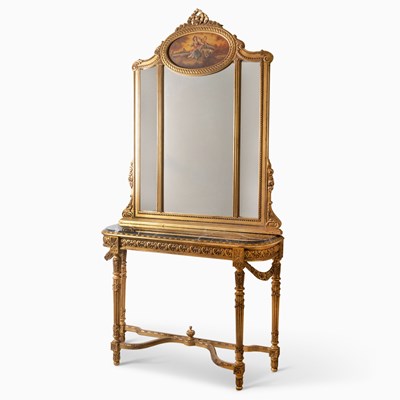 Lot 35A - Louis XVI Style Giltwood Mirror with Marble Topped Gilt Console