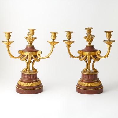 Lot 46 - Pair of Louis XVI Style Three-Light Marble and Ormolu Candelabra