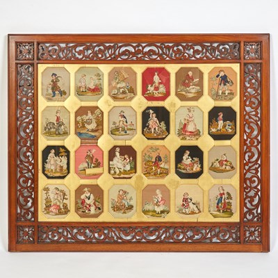 Lot 203 - Set of Twenty-Four Framed Miniature Needlepoint Scenes in a Rosewood Frame