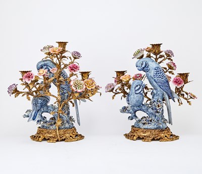 Lot 90 - Pair of Continental Style Candelabra, Brass Mounted Porcelain Birds with Flowers