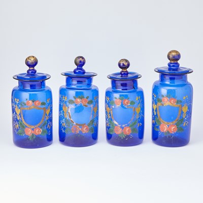 Lot 164 - Four Similar Gilt and Painted  Glass Apothecary Jars and Covers