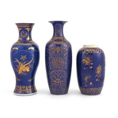Lot 678 - Three Chinese Gilt Decorated Powder Blue Porcelain Vases