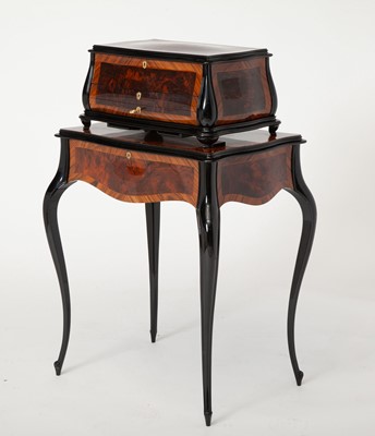 Lot 241 - Reuge Swiss Inlaid Banded Burlwood Interchangeable Antoine Favre Music Box on Stand