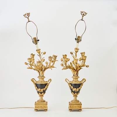 Lot 326 - Pair of Louis XVI Style Gilt and Patinated Metal Lamps
