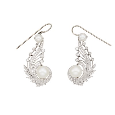 Lot 1272 - Pair of Platinum, Cultured Pearl and Diamond Pendant-Earrings
