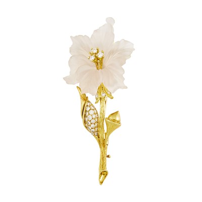 Lot 2196 - Gold, Carved Rock Crystal and Diamond Flower Brooch