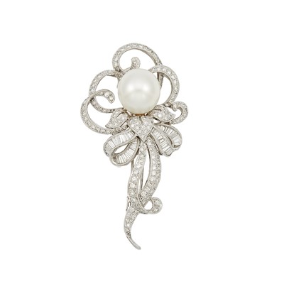 Lot 1248 - White Gold, South Sea Cultured Pearl and Diamond Clip-Brooch