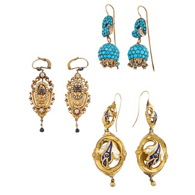Lot 2056 - Three Pairs of Gold, Gold-Filled, Enamel, Turquoise, Pearl, Diamond and Sapphire Pendant Earrings