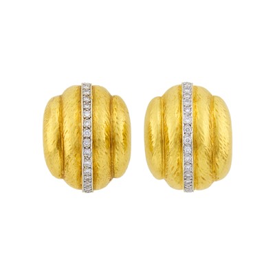 Lot 1150 - Pair of Hammered Gold and Diamond Bombé Earrings