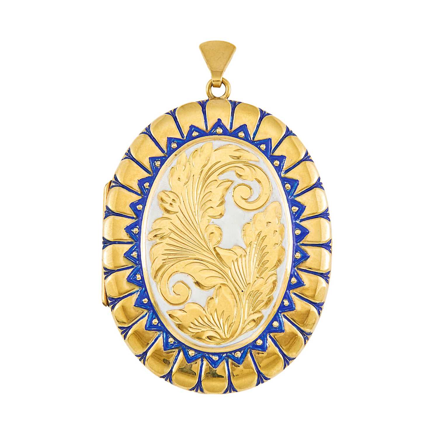 Lot 2054 - Low Karat Gold, Blue and White Enamel Locket Pendant