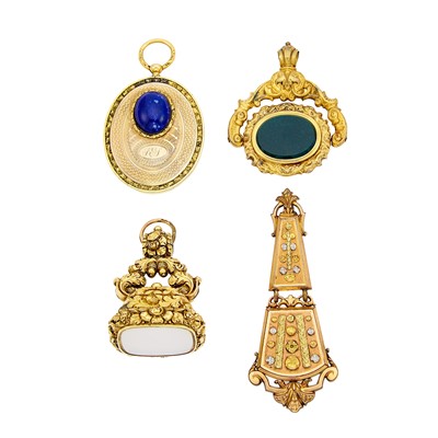 Lot 1134 - Variegated Low Karat Gold Fob, Low Karat Gold and Lapis Pendant, Silver-Gilt and White Chalcedony Fob and Silver-Gilt, Carnelian and Bloodstone Fob
