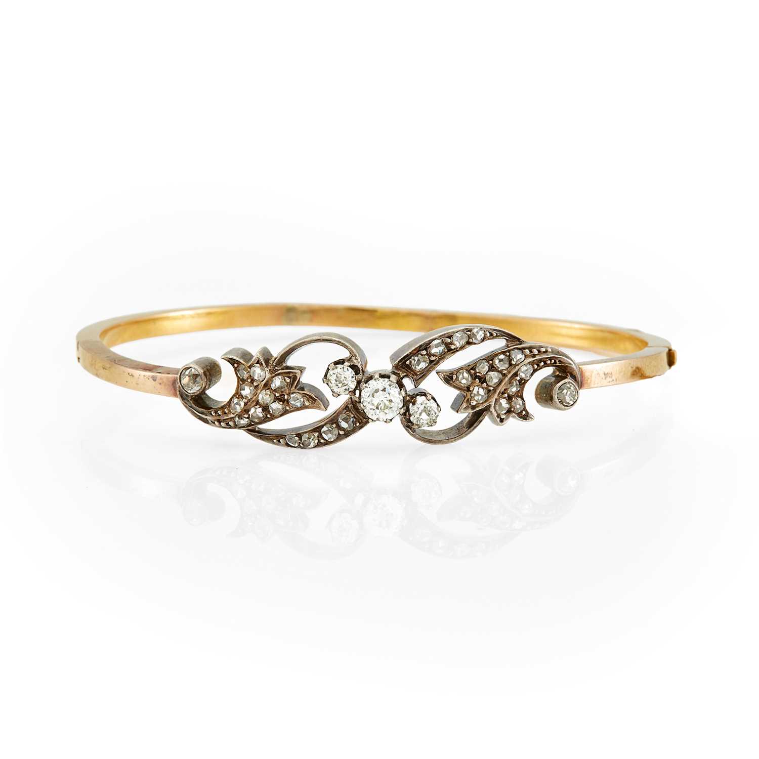 Lot 2053 - Antique Gold, Silver and Diamond Bangle Bracelet, France