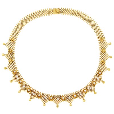 Lot 2219 - Gold, Diamond and Cultured Pearl Mesh Necklace