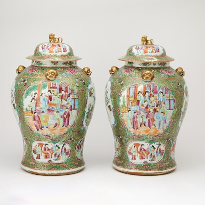 Lot 117 - Pair of Chinese Rose Canton Porcelain Baluster Jars and Covers