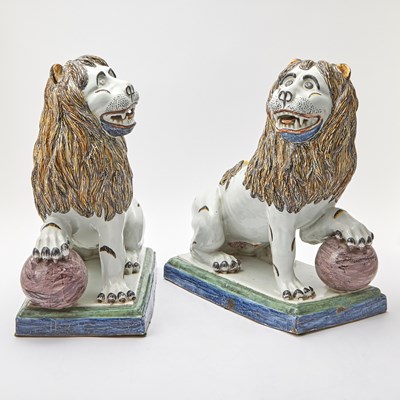 Lot Pair of French Luneville Faience Lions