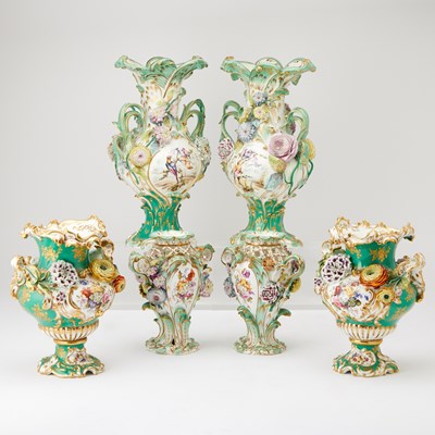 Lot 92 - Three Pairs of English Floral Encrusted Porcelain Vases