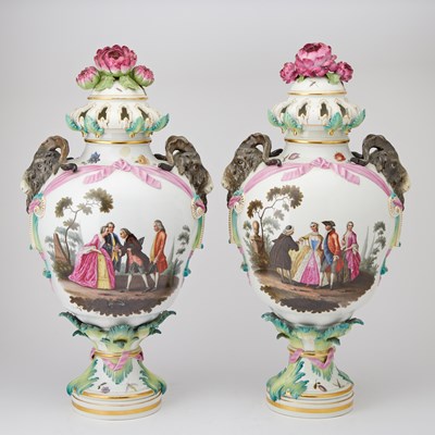 Lot 87 - Pair of  KPM Hand-Painted Porcelain Potpourri Urns and Covers