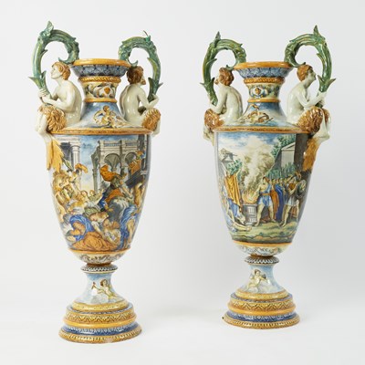 Lot 82 - Pair of Italian Majolica Two-Handled Palace Vases