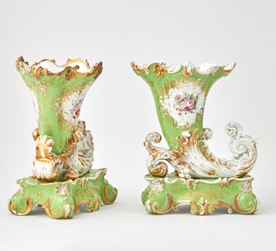 Lot 83 - Pair of Jacob Petit Green-Ground Porcelain Cornucopia-Form Garniture Vases on Stands