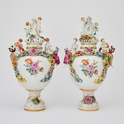 Lot 84 - Pair of Continental Floral Decorated Porcelain Potpourri Vases with Covers