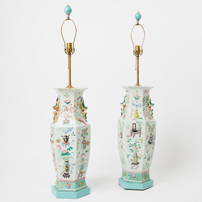 Lot 116 - Pair of Chinese Enameled Porcelain Hexagonal Vases