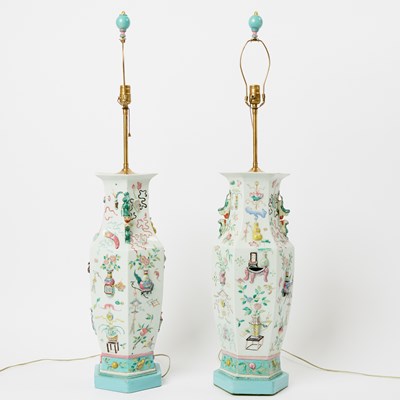 Lot 116 - Pair of Chinese Enameled Porcelain Hexagonal Vases
