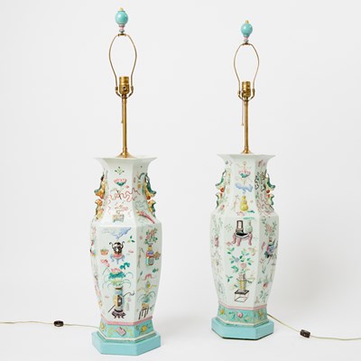 Lot 116 - Pair of Chinese Enameled Porcelain Hexagonal Vases