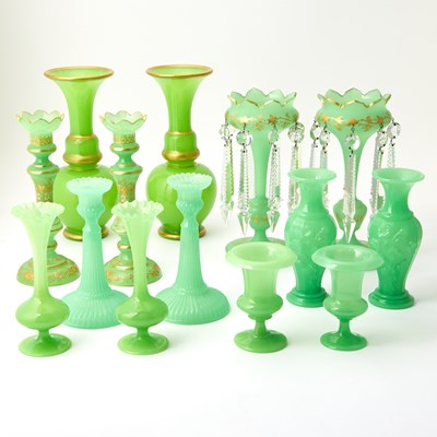 Lot 26 - Group of Seven Pairs of Green Opaline Glass Vases and Candlesticks