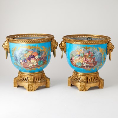 Lot 30 - Pair of Louis XVI Style Bronze Mounted Sevres Style Porcelain Cache Pots