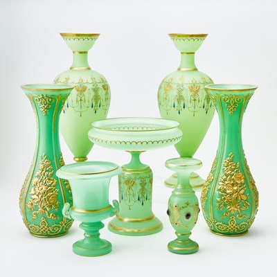 Lot 27 - Group of  Seven Continental Green Opaline Glass Vases