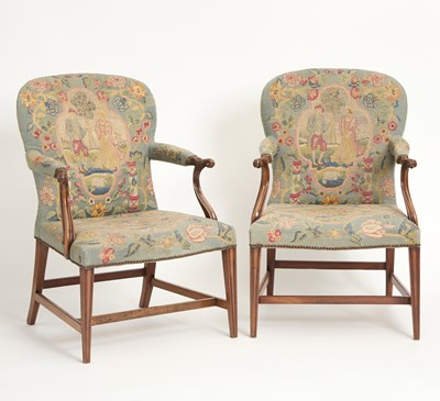 Lot 144 - Pair of George III Needlepoint-Upholstered Mahogany Open Armchairs