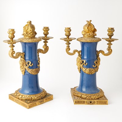 Lot 118 - Pair Chinese Clare de Lune Porcelain Vases with French Bronze Mounts made into Two-Light Candelabra