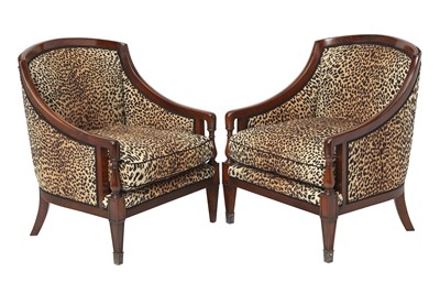 Lot 377 - Pair of Upholstered Mahogany Bergères with Leopard Print Upholstery