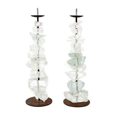 Lot 129 - Pair of Venetian Glass and Oxidized Metal Pricket Candlesticks