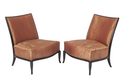 Lot 141 - Pair of French Ebonized Wood and Silk Upholstered Slipper Chairs
