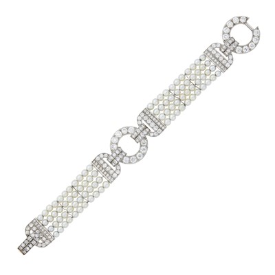 Lot 180 - Four Strand Natural Pearl, Platinum and Diamond Bracelet