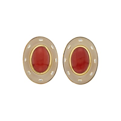 Lot 1016 - Trianon Pair of Gold, Frosted Rock Crystal, Oxblood Coral and Diamond Earclips