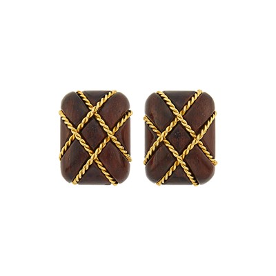 Lot 1097 - Seaman Schepps Pair of Gold and Wood 'Cage' Earclips