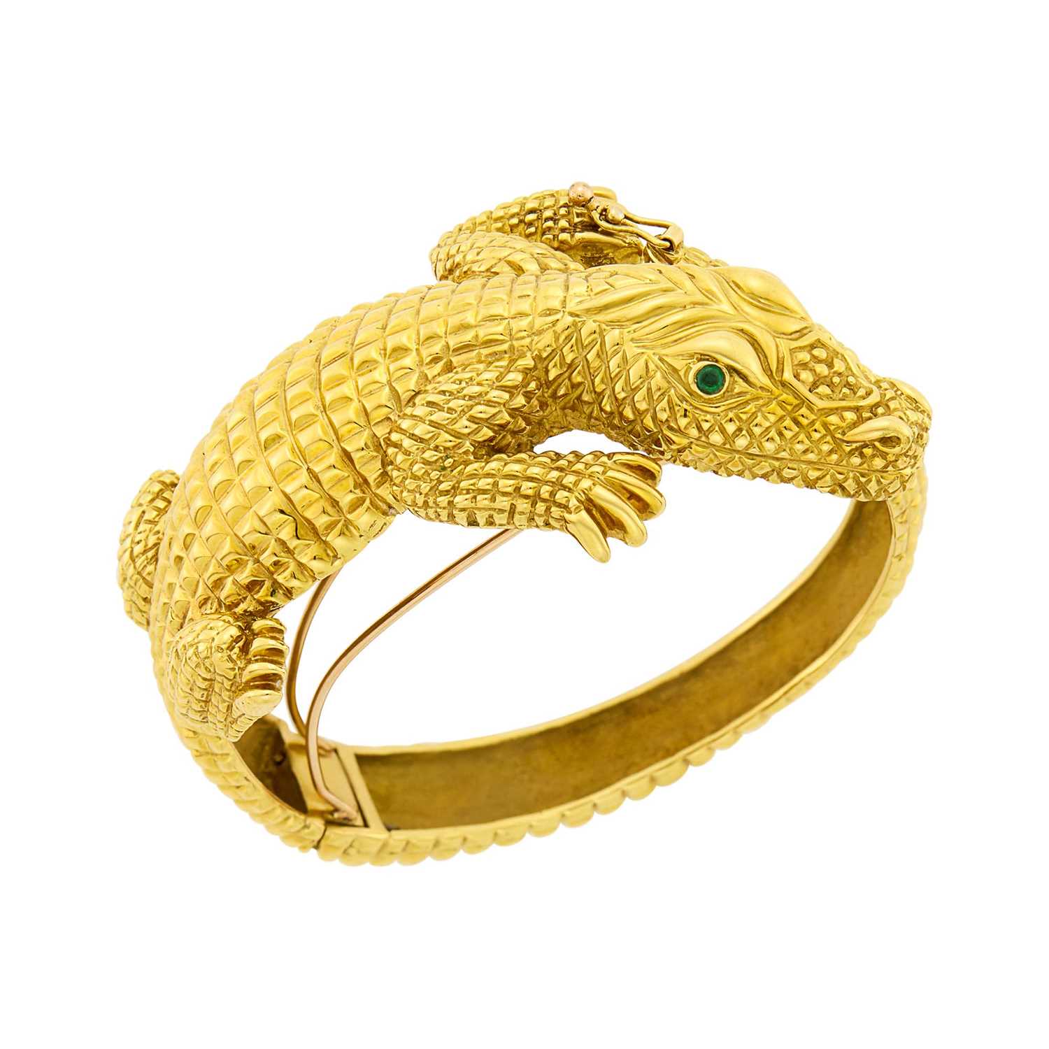 Lot 1194 - Gold and Emerald Alligator Bangle Bracelet